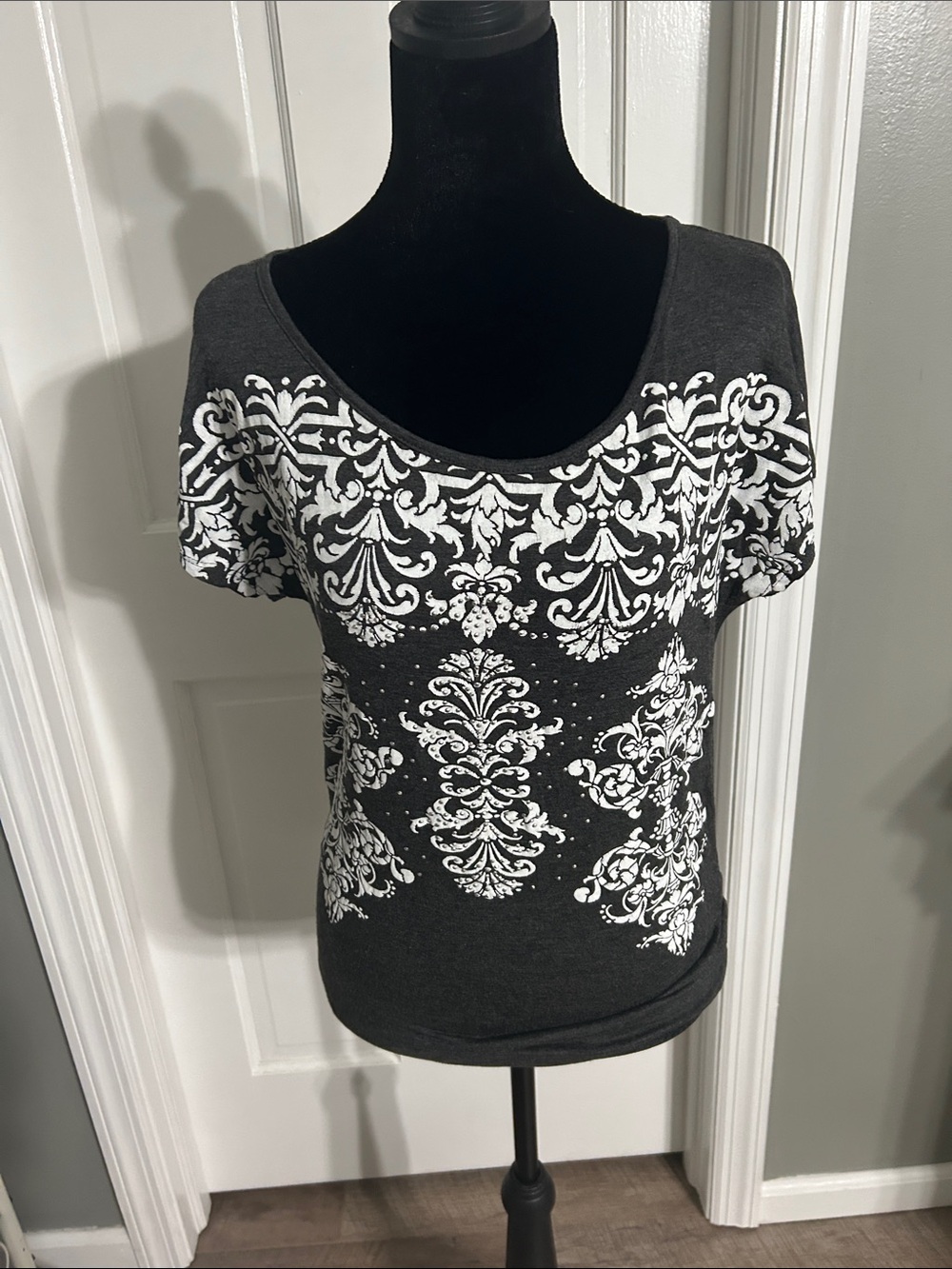 Agenda Black Scoop Neck Top with White Damask Print